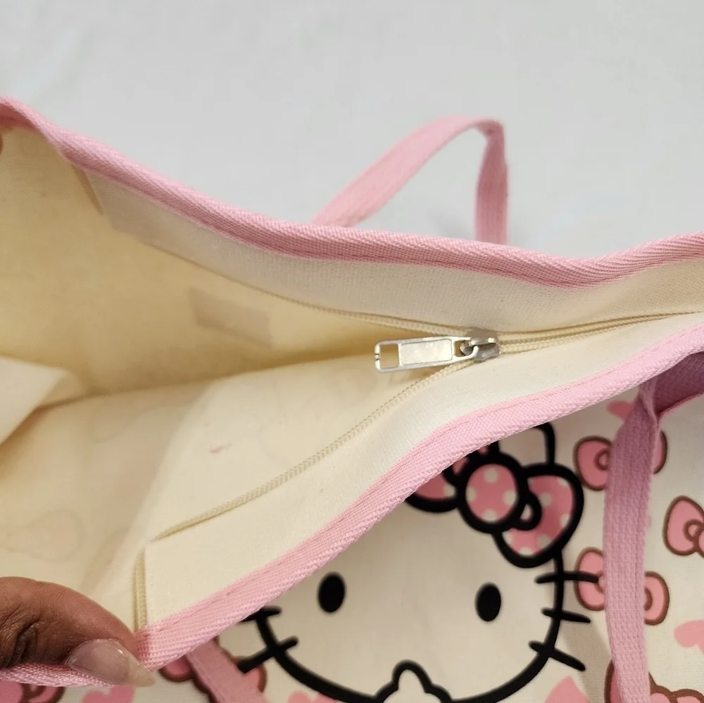 Hello Kitty Canvas Tote Bag Pink Cream Bow Print NWT